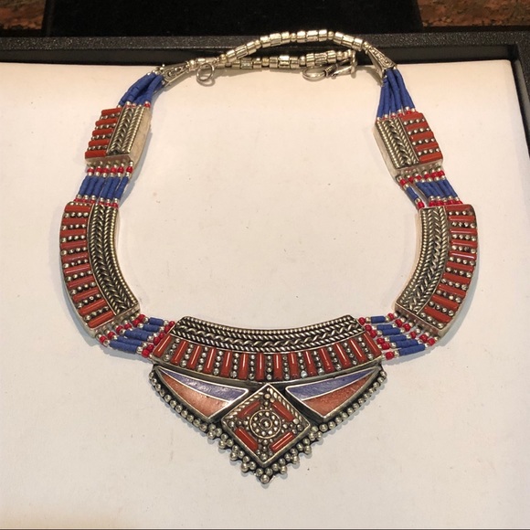 Lapis Lazuli & Coral Tibetan Silver Necklace - Picture 6 of 6